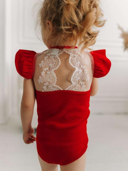 Боди c кружевной спинкой с коротким рукавом, Красный