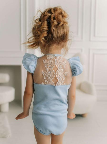 Боди c кружевной спинкой с коротким рукавом, Голубой