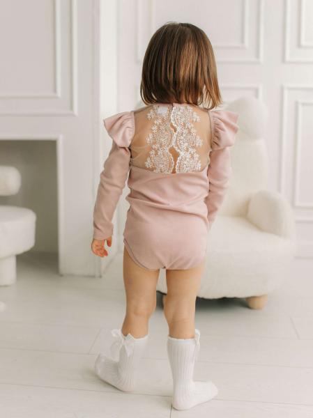 Боди c кружевной спинкой с длинным рукавом, Пудровый