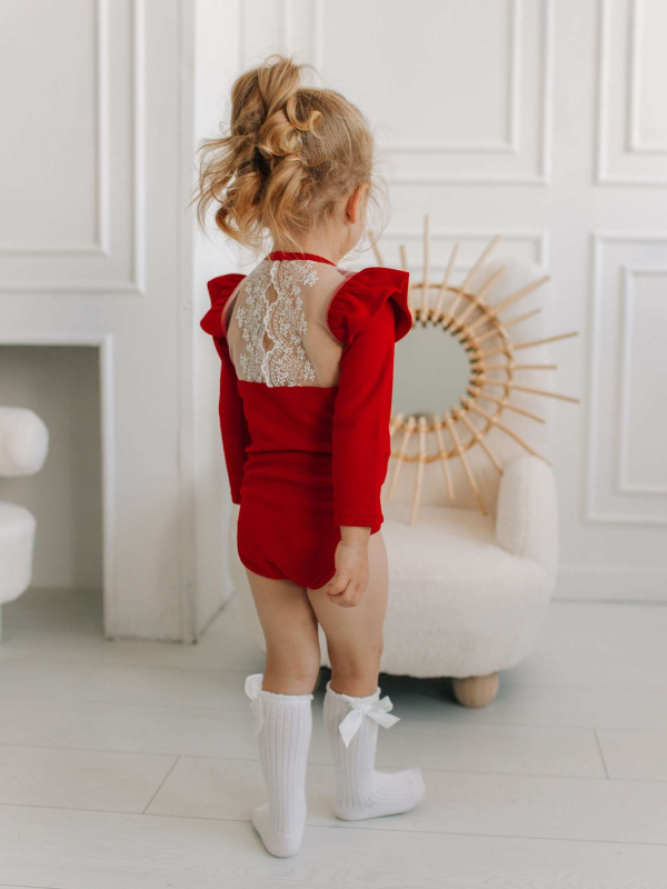 Боди c кружевной спинкой с длинным рукавом, Красный