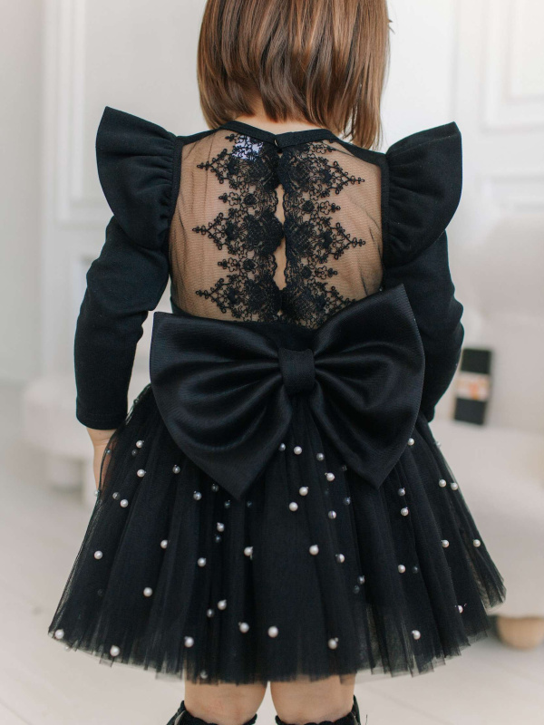 Боди c кружевной спинкой с длинным рукавом, Черный