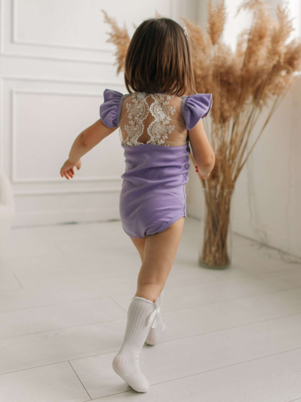 Боди c кружевной спинкой с коротким рукавом, Лавандовый