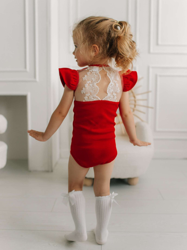 Боди c кружевной спинкой с коротким рукавом, Красный