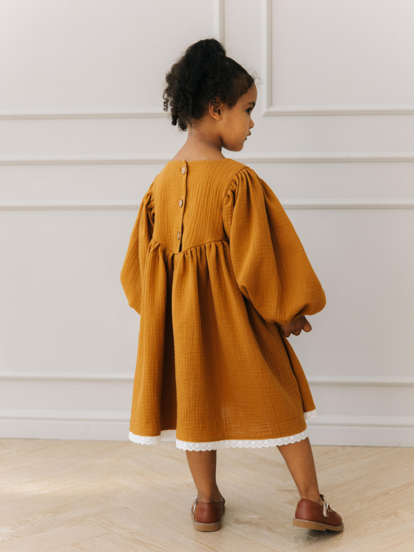 Платье с вышивкой из муслина, Горчичный