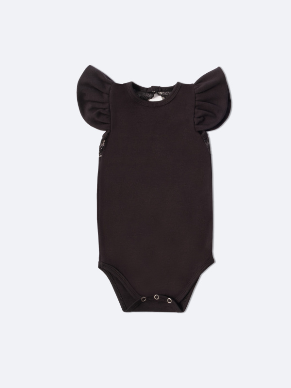 Боди c кружевной спинкой с коротким рукавом, Черный