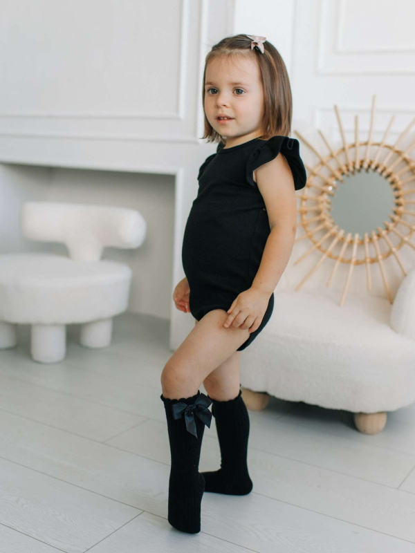 Боди c кружевной спинкой с коротким рукавом, Черный