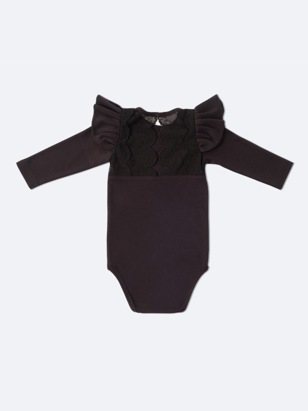 Боди c кружевной спинкой с длинным рукавом, Черный