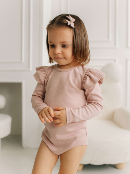 Боди c кружевной спинкой с длинным рукавом, Пудровый