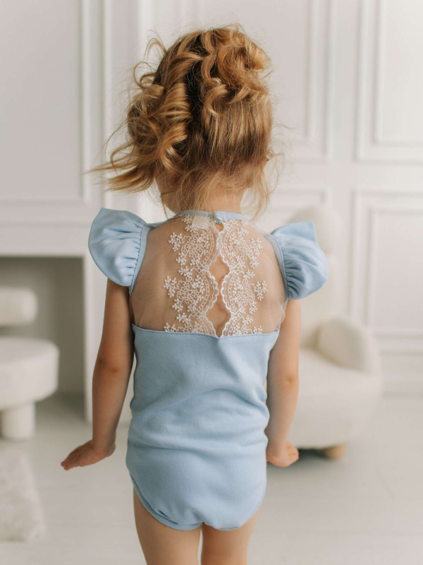 Боди c кружевной спинкой с коротким рукавом, Голубой