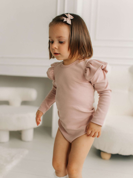 Боди c кружевной спинкой с длинным рукавом, Пудровый