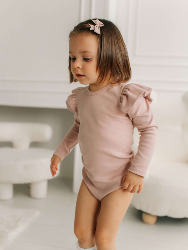 Боди c кружевной спинкой с длинным рукавом, Пудровый