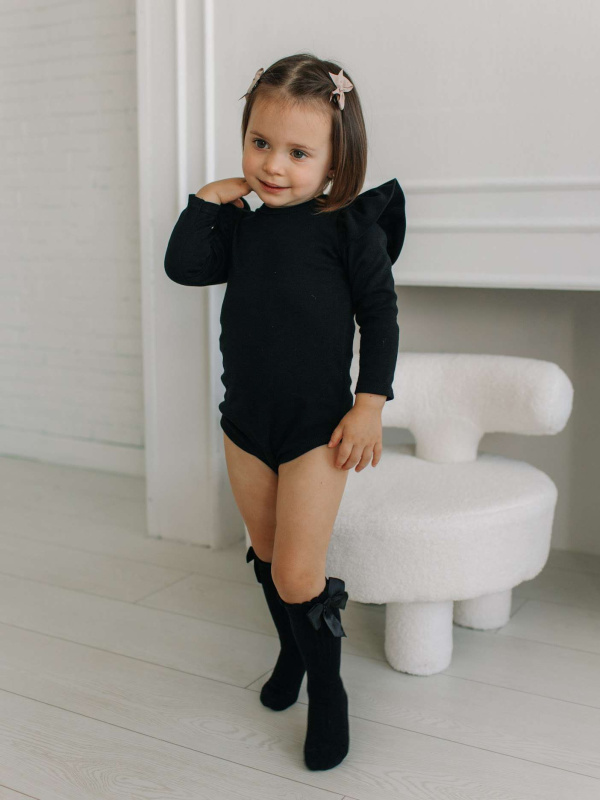 Боди c кружевной спинкой с длинным рукавом, Черный