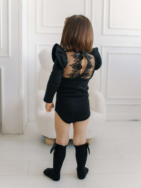 Боди c кружевной спинкой с длинным рукавом, Черный