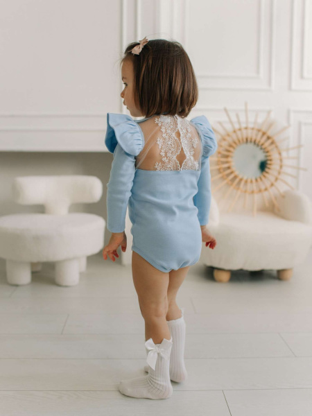 Боди c кружевной спинкой с длинным рукавом, Голубой