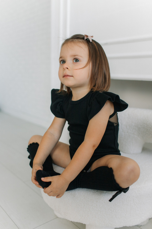 Боди c кружевной спинкой с коротким рукавом, Черный