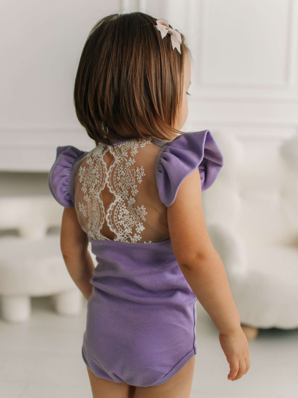 Боди c кружевной спинкой с коротким рукавом, Лавандовый