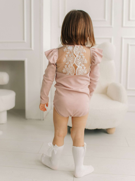 Боди c кружевной спинкой с длинным рукавом, Пудровый