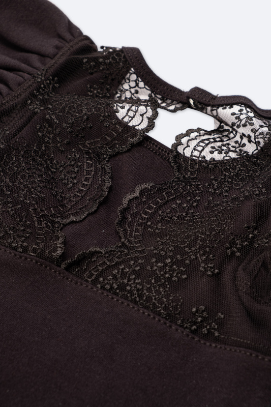 Боди c кружевной спинкой с длинным рукавом, Черный