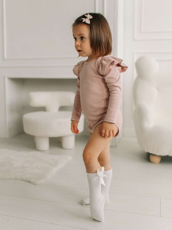 Боди c кружевной спинкой с длинным рукавом, Пудровый